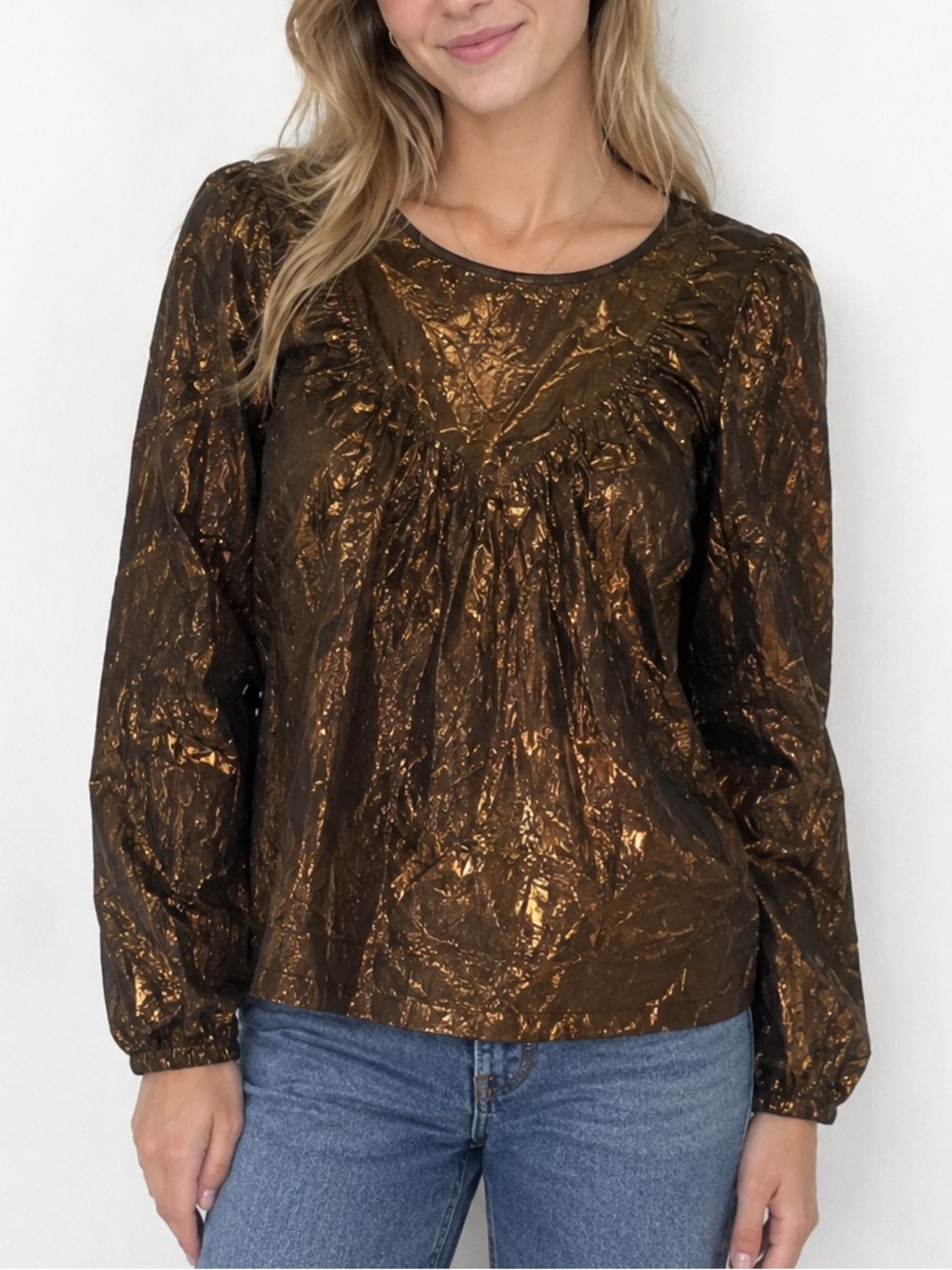 Amadi Metallic Blouse Bronze Holiday Long-Sleeve Festive Party Women’s Sz S